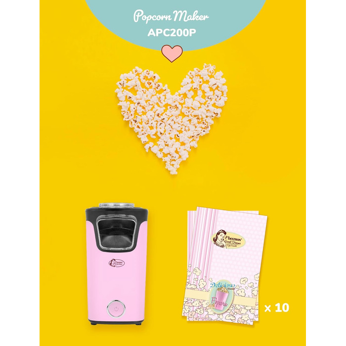 Виробник попкорну Bestron, турбо-попкорн менш ніж за 2 хвилини, машина для приготування попкорну з технологією гарячого повітря, включаючи 10 пакетиків для попкорну та вбудовану мірну чашку, колекція Sweet Dreams, колір рожевий