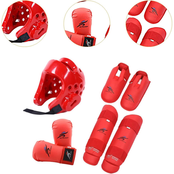 Комплект спорядження для спарингу карате, боксерський головний убір із щитками для гомілок, боксерський головний убір для карате, червоний, XS