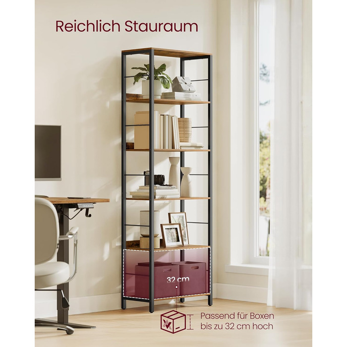 Рівнева книжкова полиця, полиця для зберігання, 30 x 60 x 178 см, із задніми панелями, для вітальні, кабінету, домашнього офісу, промисловий дизайн, вінтажний коричнево-чорний колір LLS118B01 6 рівнів (60 см), 6-