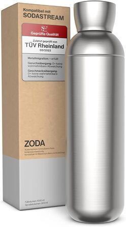 Пляшка для води SC7 ZODA з нержавіючої сталі 1 л Сумісна з Sodastream DUO, TERRA, EASY, ART, ONE, TOUCH, POWER, можна мити в посудомийній машині, змінна пляшка для виробника газованої води
