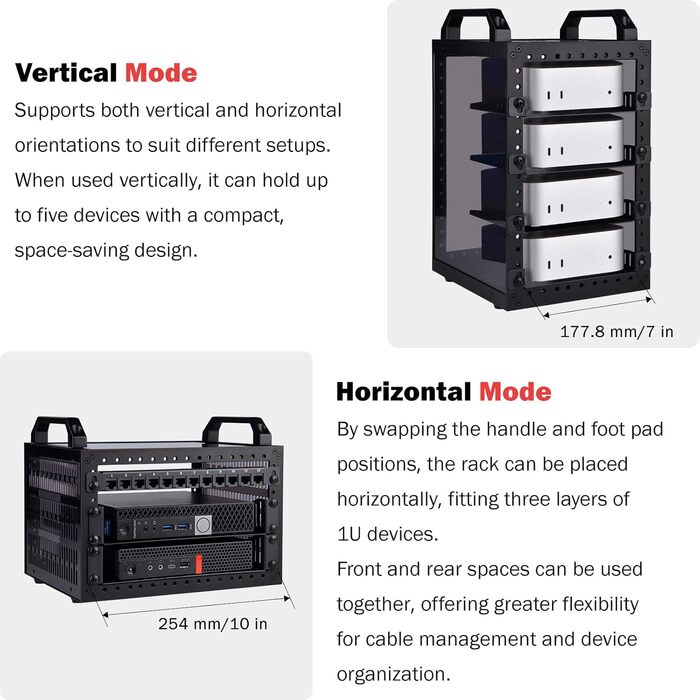 Міні-серверна шафа GeeekPi DeskPi RackMate TT для міні-ПК, міні-стійка глибиною 200 мм, включаючи 2 полиці-вставки по 0,5U, для NAS, AV та мережевих технологій (чорна)