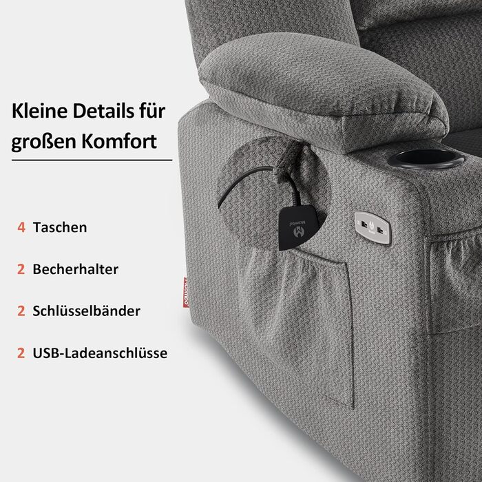 Електрично регульоване крісло для телевізора 7008, Крісло-реклайнер з функцією відкидання, Крісло для телевізора з функцією масажу та підігріву, USB та підсклянник, Вітальня (Тканина, сірий) Тканина сірого кольору