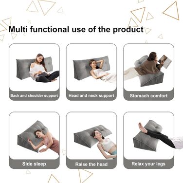 Подушка для спини OHMG 120/140/160/180/200 см, клиноподібна подушка, підходить для ліжка та дивана, трикутна подушка для читання, подушка зі знімним чохлом, який можна прати, з практичною бічною кишенею, подушка для сидіння, настінна подушка 120*50*20 см 