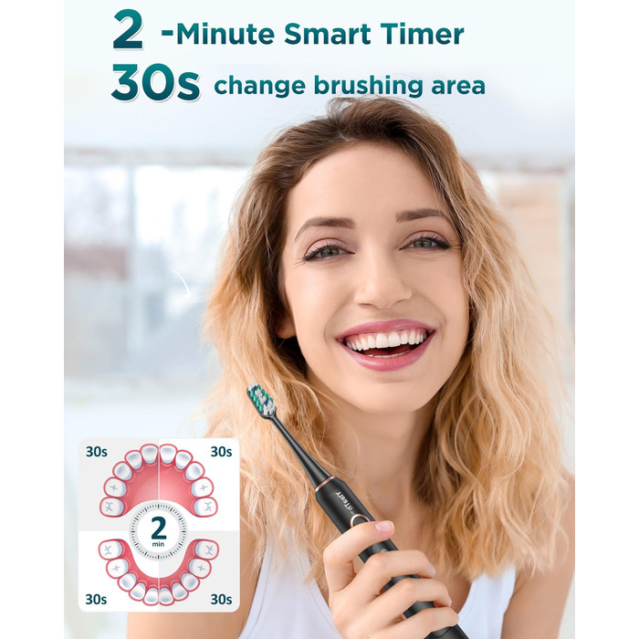 Електрична звукова зубна щітка для дорослих з 8 насадками, дорожнім кейсом, 5 режимами, водонепроникністю IPX7 та 90 днями роботи від акумулятора, чорного кольору, (в упаковці)