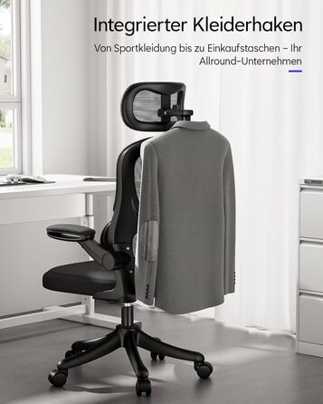 Ергономічне офісне крісло TUKAILAi, крісло керівника з поперековою опорою та підголівником, регульоване, підлокітники, що складаються на 90, висока спинка, сітчасте поворотне крісло для роботи вдома (чорне)