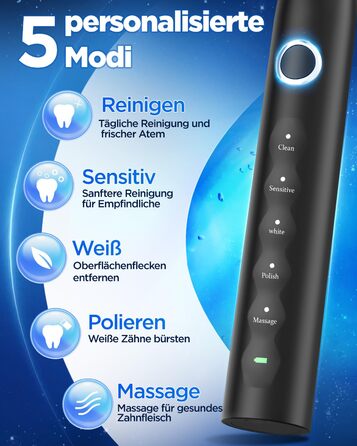 Електрична зубна щітка з 8 насадками (3 типи), звукова зубна щітка для дорослих, з таймером, до 120 днів роботи від акумулятора, 5 режимів чищення, дорожній футляр, настільна зарядна станція, колір чорний