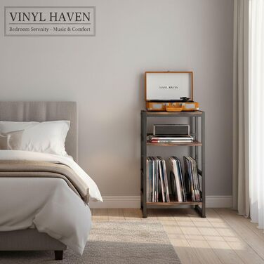 Підставка для програвача платівок, 3-ярусний бічний столик, столик для програвача платівок, до 120 альбомів, столик для вітальні, спальні, вінтажний коричневий (сільський коричневий)