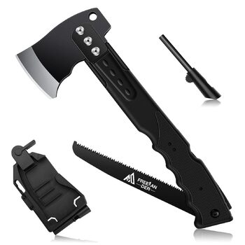 Універсальний туристичний сокира-ніж Freelander 5-в-1 з пилкою, піхвами та свистком, 34 см, для кемпінгу, походів та виживання, чорний