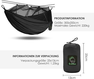Гамак Grassman відкритий з москітною сіткою для 2 осіб Портативний надлегкий туристичний кемпінговий гамак з набором кріплень Подвійний гамак для трекінгового велосипедного туру Риболовля Сад Пляж, 300x200см Чорний 300x200см