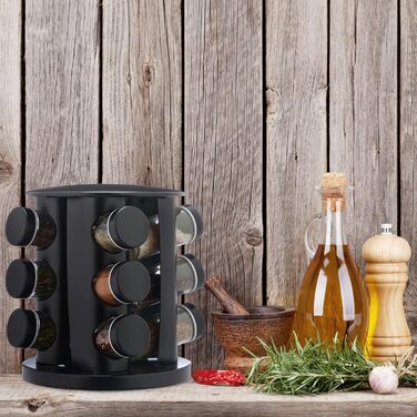 Карусель для спецій Relaxdays з 12 баночками для спецій, включаючи вставку-шейкер, обертова, багаторазова підставка для спецій для кухні, чорна
