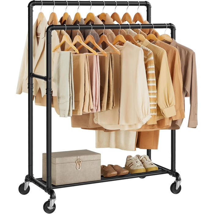 Вішалка для одягу SONGMICS, Штанга для одягу, Гардеробна підставка з 2 шт. ангами для одягу та полицею, Колеса, Вантажопідйомність до 110 кг, Промисловий дизайн, для спальні, Гардеробної, Чорний HSR60B Чорна одинарна рейка