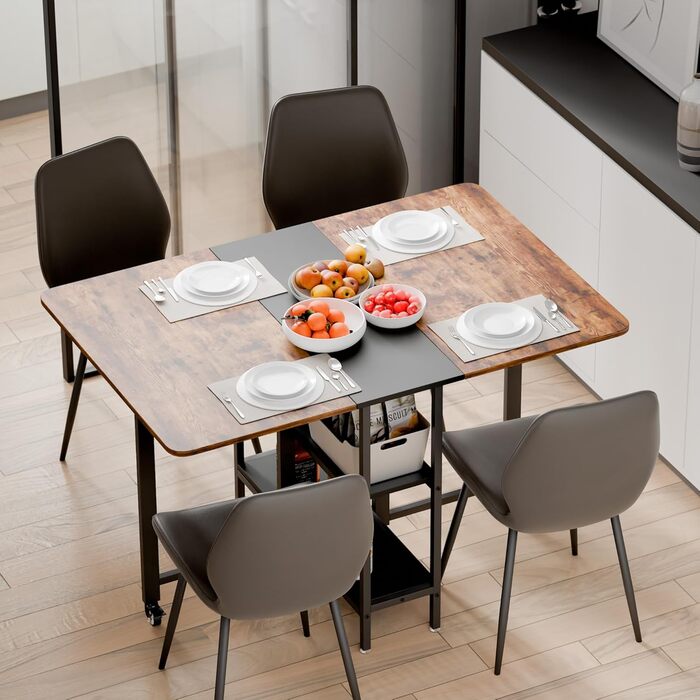 Мобільний розкладний обідній стіл Mondeer, розкладний стіл з 2 відкритими полицями для невеликих приміщень, їдальні, кухні, 120 x 80 x 75 см, сільський коричневий та чорний