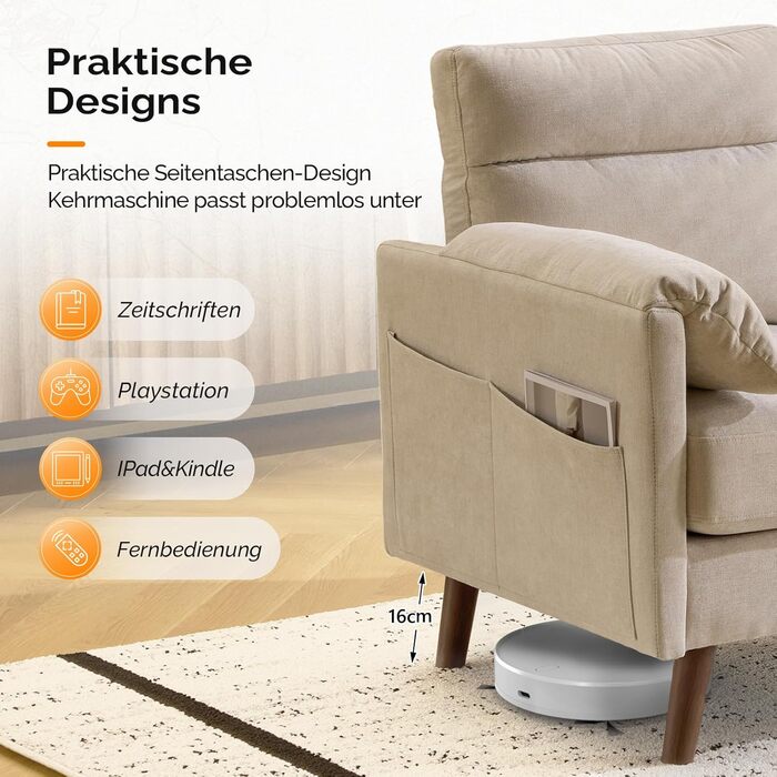 Маленький 2-місний диван Bonnlo, міні-диван 125 см, невеликий тканинний диван з м&39якими підлокітниками, маленький диван для офісу, вітальні, спальні та кабінету, легке складання, льон, бежевий