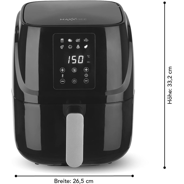Фритюрниця MAXXMEE Digital 3L Комбінація - конвекційна піч, гриль і фритюрниця 8 Збережені програми та функція таймера Смаження, гриль, запікання, розморожування, нагрівання та підтримання тепла 1300 Вт 3 л