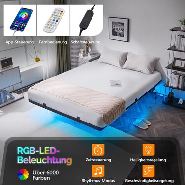 Каркас ліжка Bonnlo 140x200 см з рейковою основою, ліжко 140x200 см зі світлодіодним освітленням, міцне металеве ліжко, плаваюче ліжко висотою 36 см, чорне (без матраца) 140 x 200 см