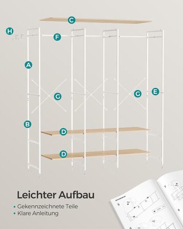 Відкрита шафа, вішалка для одягу, вішалка для пальто, шафа з рейкою для одягу, полиці, знімні гачки, 40 x 141 x 180 см, натуральний бежевий RGR005W67 Натуральний бежевий 40 x 141 x 180 см