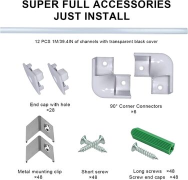 Світлодіодний алюмінієвий профіль SENXINGYAN 1 м, 12 упаковок V-подібний світлодіодний профіль/світлодіодні канали з молочно-білою кришкою, світлодіодні дифузори з торцевими кришками, монтажними кліпсами та кутовими роз'ємами молочний V-подібний 12 шт.