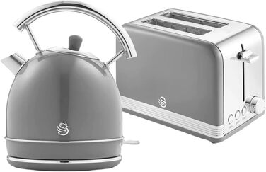 Бездротовий чайник для сніданку Swan Retro Set 1.8 л з нагрівальним елементом з нержавіючої сталі, тостер для хліба з широким отвором на 2 скибочки, 6-ступінчастий регулятор тостів, вінтажний дизайн, сірий, один розмір