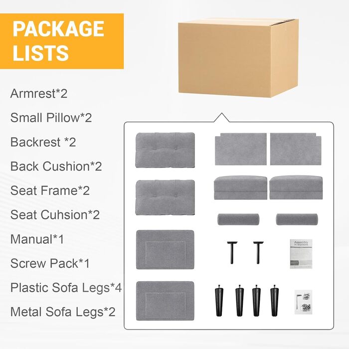 Місний диван, сучасний дизайн з товстими подушками, 2 подушки, зручний лляний диван з 2 відділеннями для зберігання речей для вітальні/спальні/офісу, легко збирається невеликий предмет меблів, класичний сірий, 2-