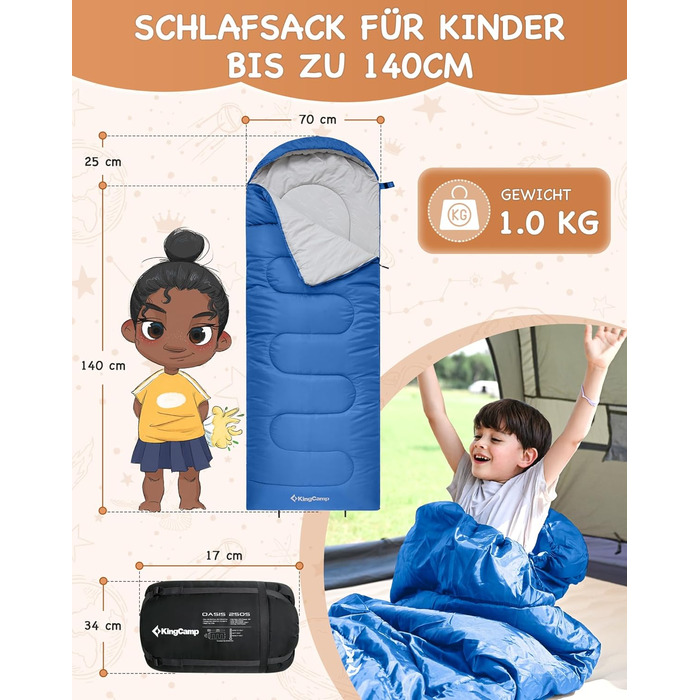 Дитячий спальний мішок KingCamp, 3-сезонний спальний мішок-ковдра для дітей 100-140 см, легкий і теплий для кемпінгу та походів з сумкою для перенесення, синій, L