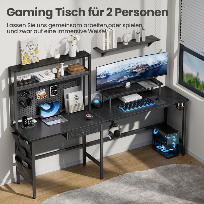Ігровий стіл, кутовий стіл 150 x 100 см з 3 розетками та 2 USB-портами, двосторонній L-подібний ігровий стіл зі світлодіодним підсвічуванням, комп&39ютерний стіл з висувними ящиками та підставкою для монітора для ігор, домашній офіс, чорний 150 x 100 см