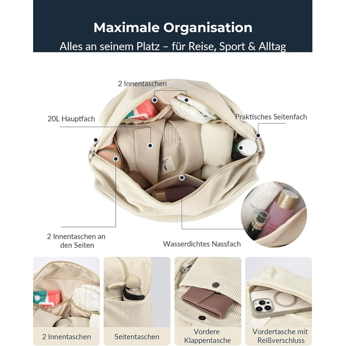 Вельветова дорожня сумка Micmores, жіноча спортивна сумка 20 л, сумка для підгузків на вихідні, ручна поклажа Ryanair 40x20x25, сумка для спортзалу, сумка для пологів з мокрим ПВХ-мішком для фітнесу (чорна)