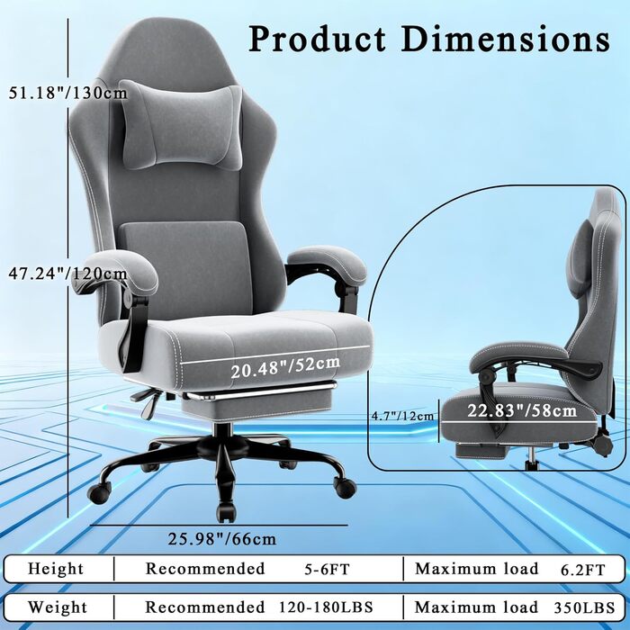 Ергономічне ігрове крісло з пружинним каркасом кишенькового типу та підставкою для ніг, ігрове крісло з регульованою поперековою опорою, дихаюче комп&39ютерне крісло до 150 кг, ігрове крісло з подушкою для шиї (світло-сіре)
