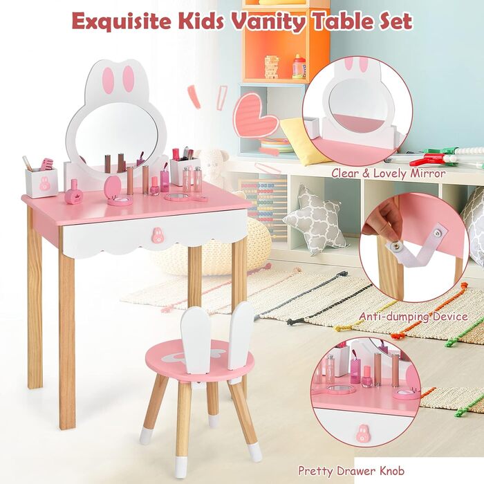Дитячий туалетний столик LIFEZEAL 2 в 1, дитячий косметичний столик зі знімним дзеркалом і табуреткою, туалетний столик для дівчат