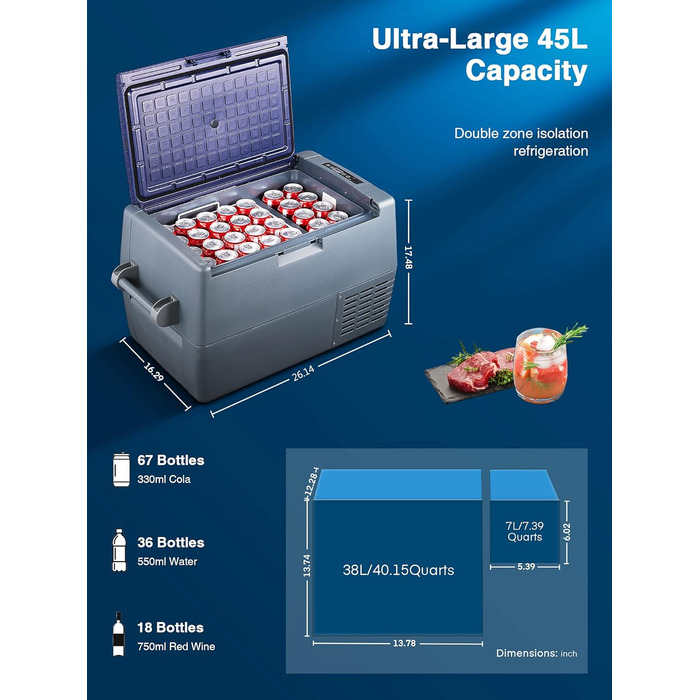 Компресор FOHERE 45L cool box, електричний холодильник, 12В/24В/220-240В з режимом ECO, портативний електричний холодильник, що ох