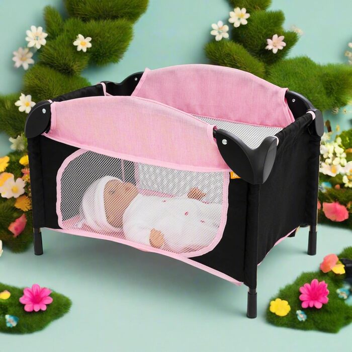 Іграшка для дитячого садка Joie Junior Sleep & Dream у рожевому та чорному кольорах Знімний пеленальний столик та ігрова панель Легке дитяче ліжко для подорожей для ляльок від 3 років