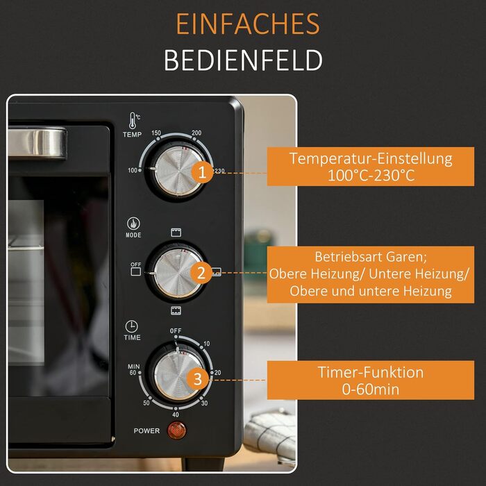 Міні-піч HOMCOM 21 л з 1 решіткою та 1 деком для випікання 3 режими приготування 100C-230C з регульованою температурою Міні-піч для піци 1400 Вт з решіткою для гриля Нержавіюча сталь Скло ЧорнийСріблястий