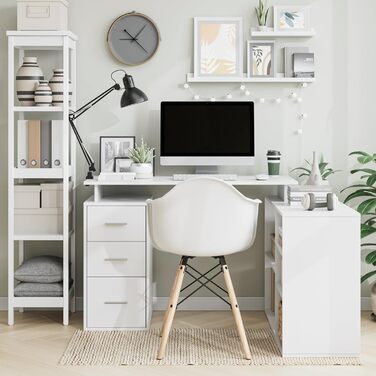 Кутовий письмовий стіл FirFurd з подовжувачем, L-подібний комп&39ютерний стіл з книжковою полицею та шухлядами, кутовий стіл з місцем для зберігання, ПК-стіл для навчання/домашнього офісу, 129 x 104 x 76 см, білий