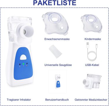 Інгалятор-небулайзер BellaHealth, портативний небулайзер для дітей та дорослих, набір інгаляторів з мундштуком та маскою, перезаряджається від USB (синій)