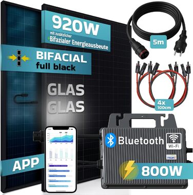 Двофазна балконна електростанція SUNNIVA 920 Вт, повністю чорного кольору, з розеткою, інвертор TSUN 800 Вт, фотоелектрична сонячна система, 2 сонячні модулі зі скла по 460 Вт, вкл. кабель 5 м, Bluetooth WIFI, повний комплект 920/800 Вт