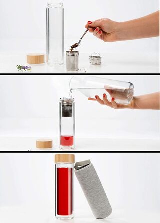 Подвійна пляшка для чаюПодвійна скляна пляшка з неопреновим чохлом та чайним ситечком, 400 мл (термос)