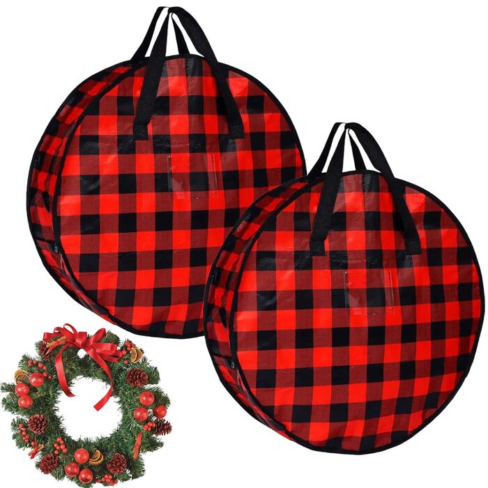 Коробка для зберігання різдвяного вінка, 2 шт. и, тартановий візерунок Сумка на блискавці та ручкою для шафи, будинку, горища, підвалу, гаража, Різдва, спальні, гуртожитку 76 x 18 см