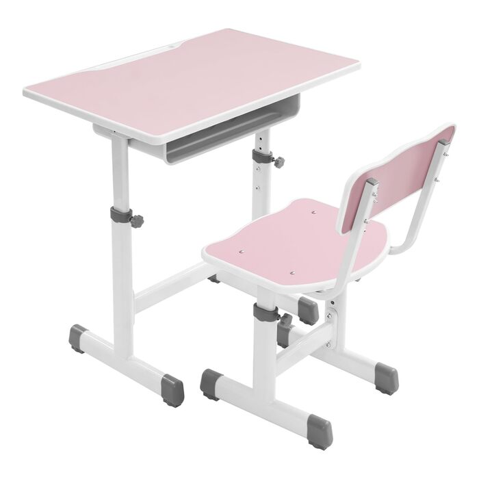 Дитячий письмовий набір, дитячий стіл з регульованою висотою (стіл 64-76 см, стілець 36-42 см), стіл з гачками, шухлядою та лотком для ручок для дітей віком 3-18 років, навчання письму та малюванню (рожевий, білий)