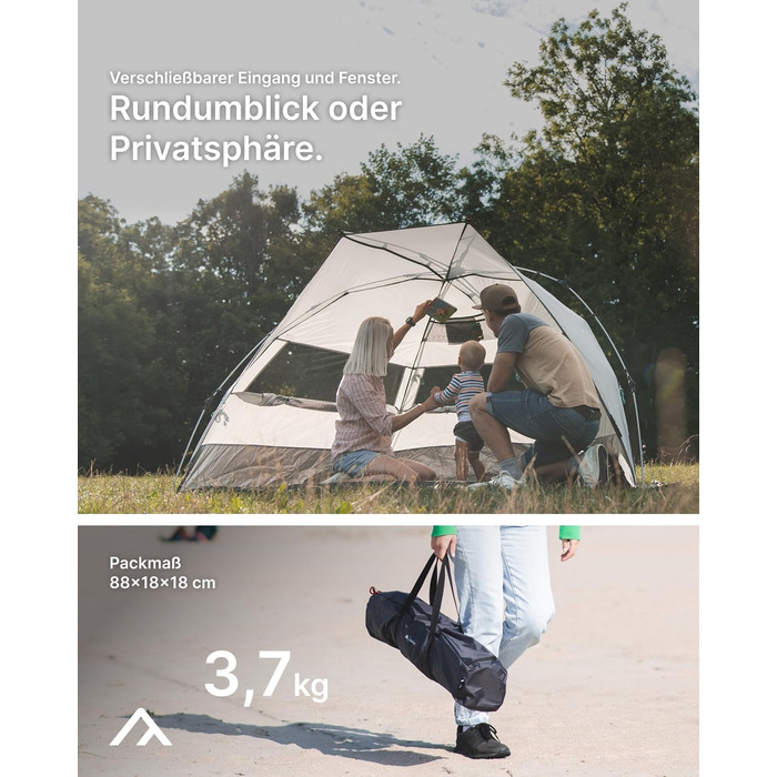 Пляжний навіс qeedo Quick Bay із захистом від ультрафіолету (UV80) для 2 осіб, включаючи сумку на колесах, пластикові кілочки та відтяжки - захист від сонця для сімей, дітей, немовлят або собак - Sandgrey Light Sand