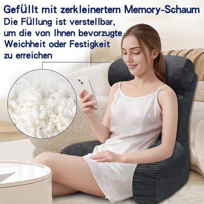 Подушка для читання для ліжка та дивана, подушка для спини ліжка, подушка для читання зі спинкою для дорослих, зручна для сидіння, читання та перегляду телевізора на підлозі або дивані (вугільна, 65 * 30 см)
