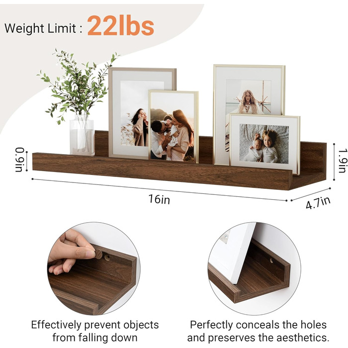 Настінна полиця, комплект з 2 шт. , 40 см плаваюча полиця з МДФ, настінна панель для рамок для картин та декору, промисловий дизайн, підходить для кабінету, спальні та кухні (вінтажний коричневий, 40 см) 40 см, комплект з 2 шт. вінтажний коричневий