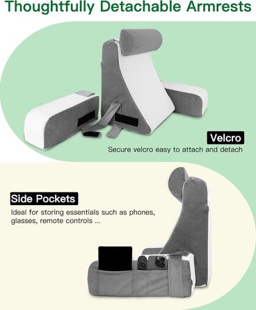 Подушка для читання для ліжка та дивана, подушка для книги зі знімним потиличним валиком та підлокітником, подушка для спини ліжка, настінна подушка, багатофункціональна клиноподібна подушка для читання, роботи, перегляду телевізора