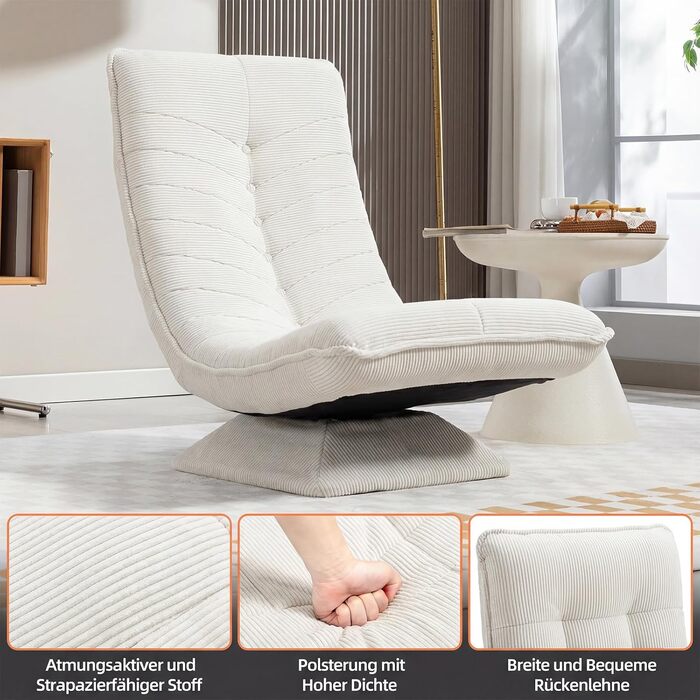 Крісло для вітальні з регульованою спинкою, поворот на 360, зручне вельветове підлогове крісло, не потребує складання, розкладний ігровий підлоговий диван, вантажопідйомність 150 кг, крісло-реклайнер, крісло для читання, бежевий