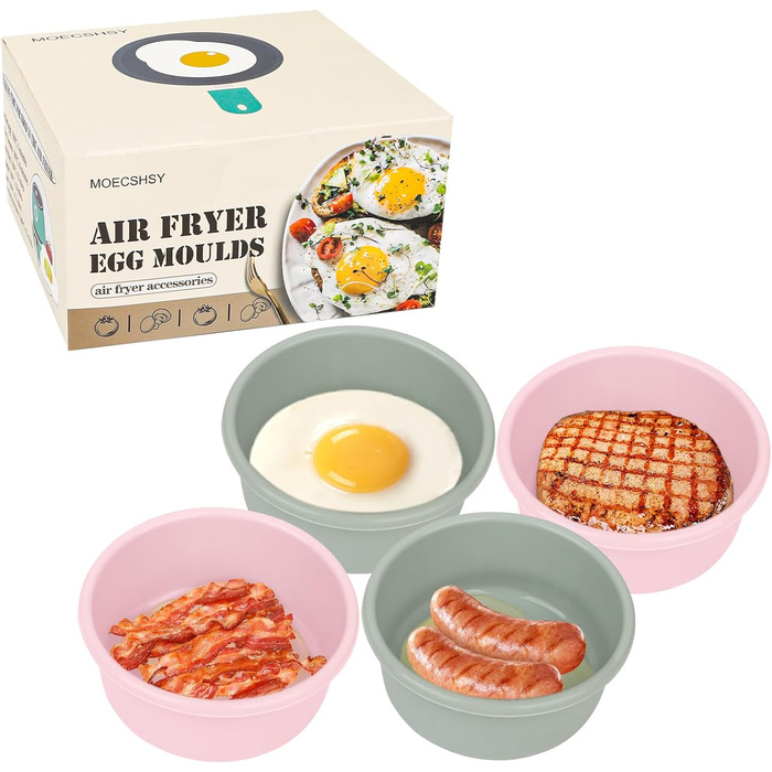 Форми для яєць Air Fryer, 13.3 см, аерофритюрниця Силіконові рамекіни з антипригарним покриттям, духовка та мікрохвильова піч, багаторазові, харчові аксесуари для фритюрниці для приготування їжі, випічки, 4 рожеві 13,3 см