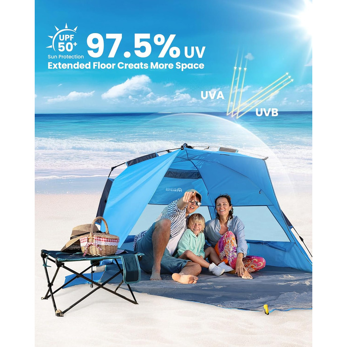 Пляжний намет OutdoorMaster Pop-Up для 3-4 осіб, розмір XL, просте встановлення, портативний пляжний навіс, складний сонцезахисний тент із захистом від ультрафіолету UPF 50, знімний даховий ліхтарик, сімейний розмір, синій