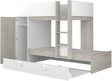 Двох'ярусне ліжко для двох дітей з висувним спальним місцем і шафою для одягу в білому кольорі