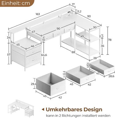 Г-подібний стіл Rolanstar з шухлядами, двосторонній ігровий стіл з розеткою, світлодіодним освітленням та підставкою для монітора, комп&39ютерний стіл 163 см для офісу, кабінету, спальні, білий