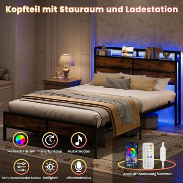 Ліжко IRONCK 140x200 см, Каркас ліжка 140x200 зі світлодіодним освітленням та зарядною станцією (2 розетки, 1 USB та 1 порт Type-C), Металеве ліжко, Двоспальне ліжко, Дитяче ліжко з рейковою основою, Місце для зберігання під ліжком