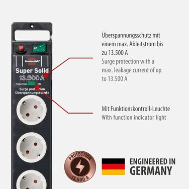 Розетка 8-місна з захистом від перенапруги (розетка з кабелем 2,5 м і вимикачем, розетка з ударостійкого полікарбонату) чорна/сіра