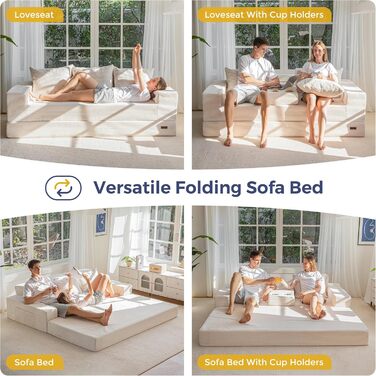 Розкладний диван MAXYOYO, вельветовий диван на підлозі, розкладний диван з підставкою для чашок та декоративними подушками, зручний компресійний диван для вітальні, спальні, кімнати для гостей, кремовий 3-місний