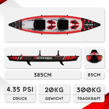 Надувний човен, Каное, Каяк для пригод 385 x 85 см, В комплекті сумка, насос, сидіння, весло зі скловолокна, 385 Red